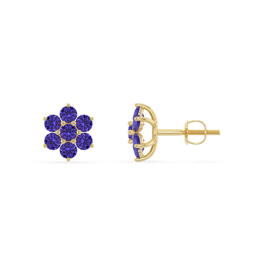 lab grown tanzanite round stud earrings in yellow gold