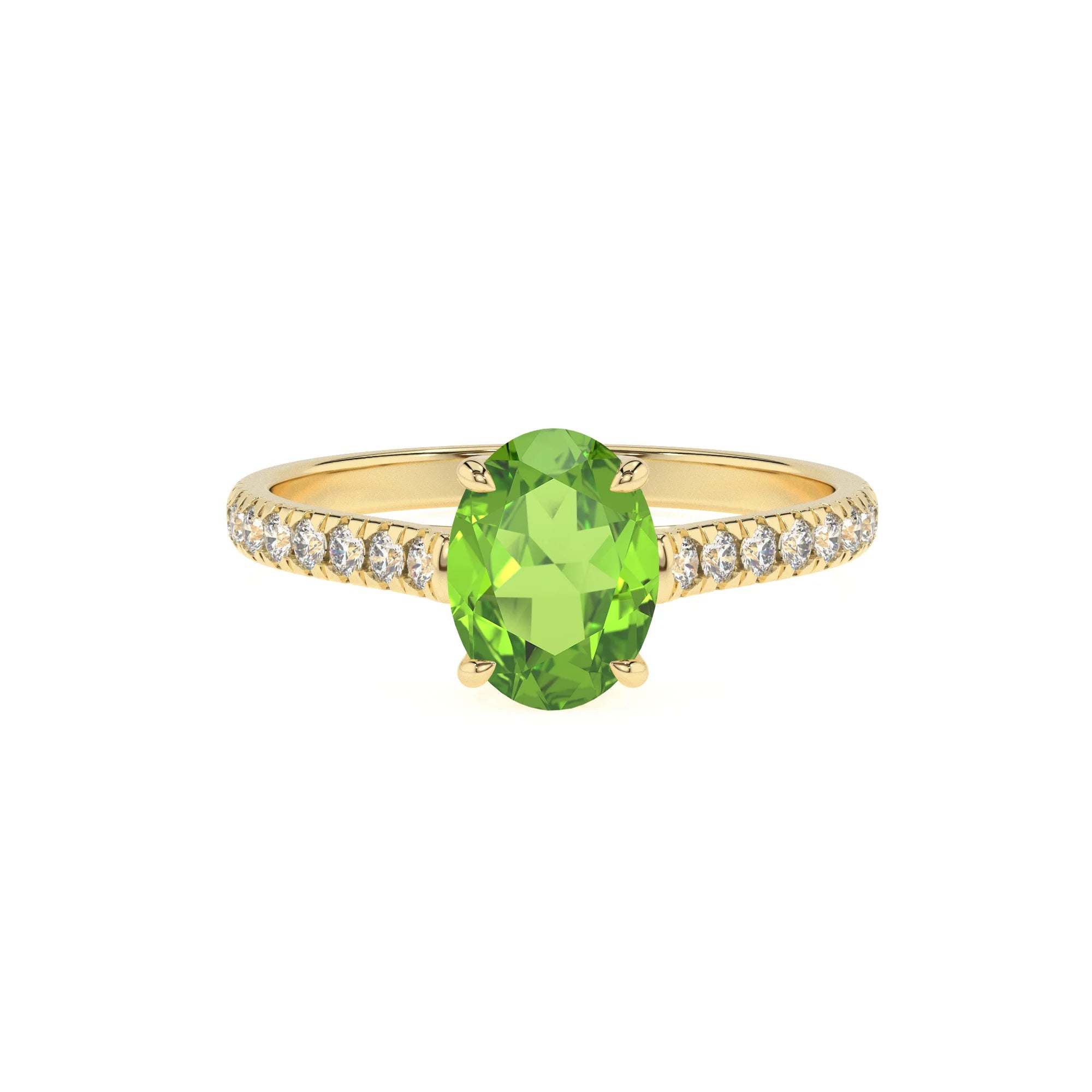 natural peridot oval half eternity solitaire engagement rings in yellow gold