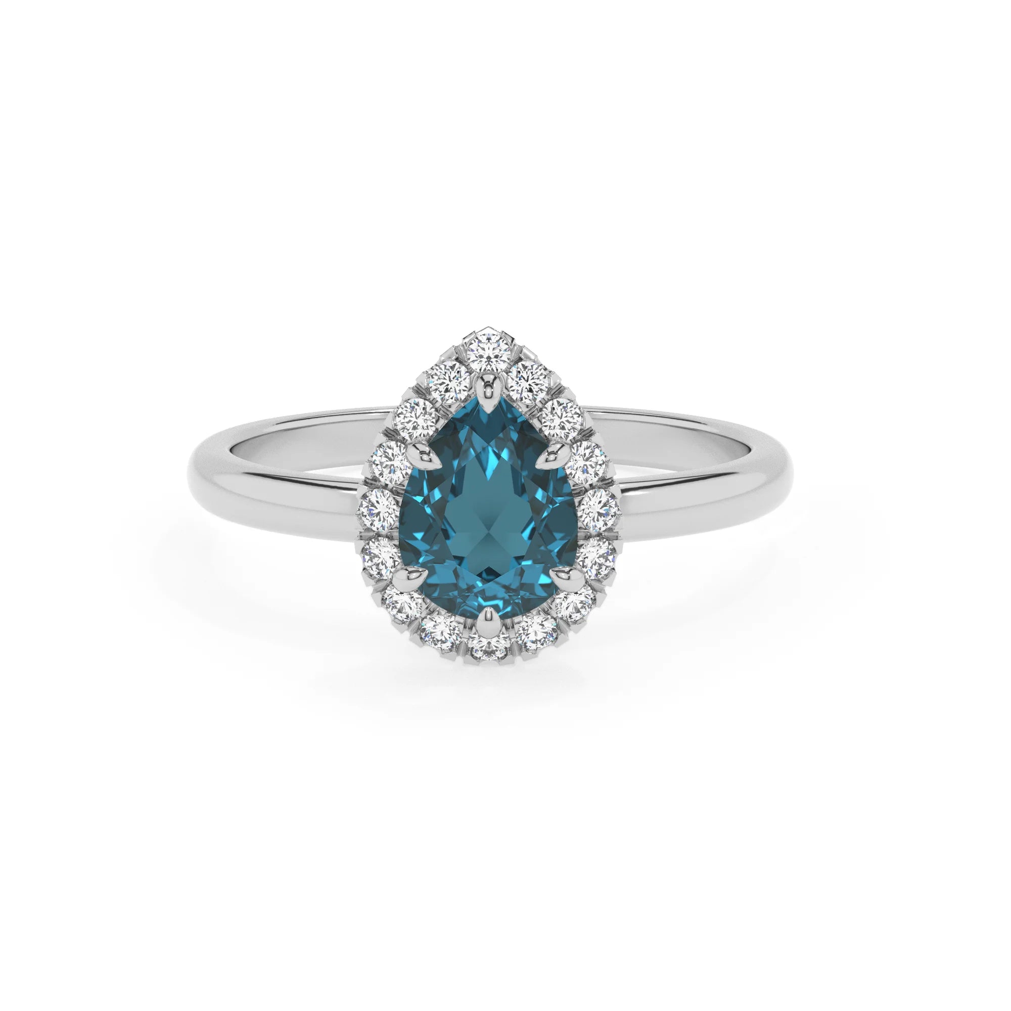 natural london-blue-topaz pear solitaire rings in platinum