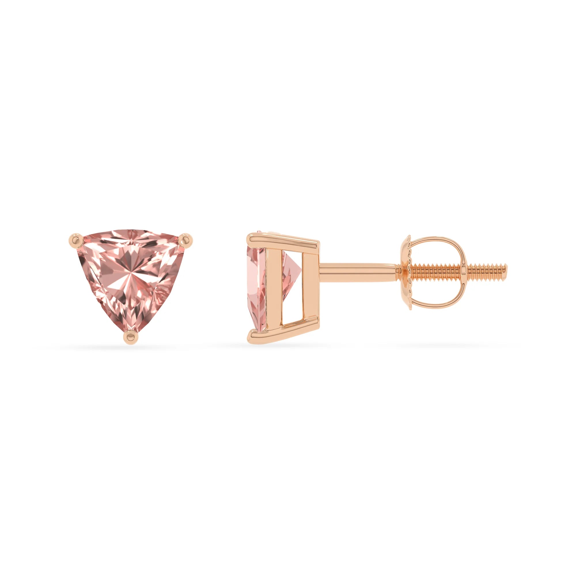 lab grown morganite trillion stud earrings in rose gold