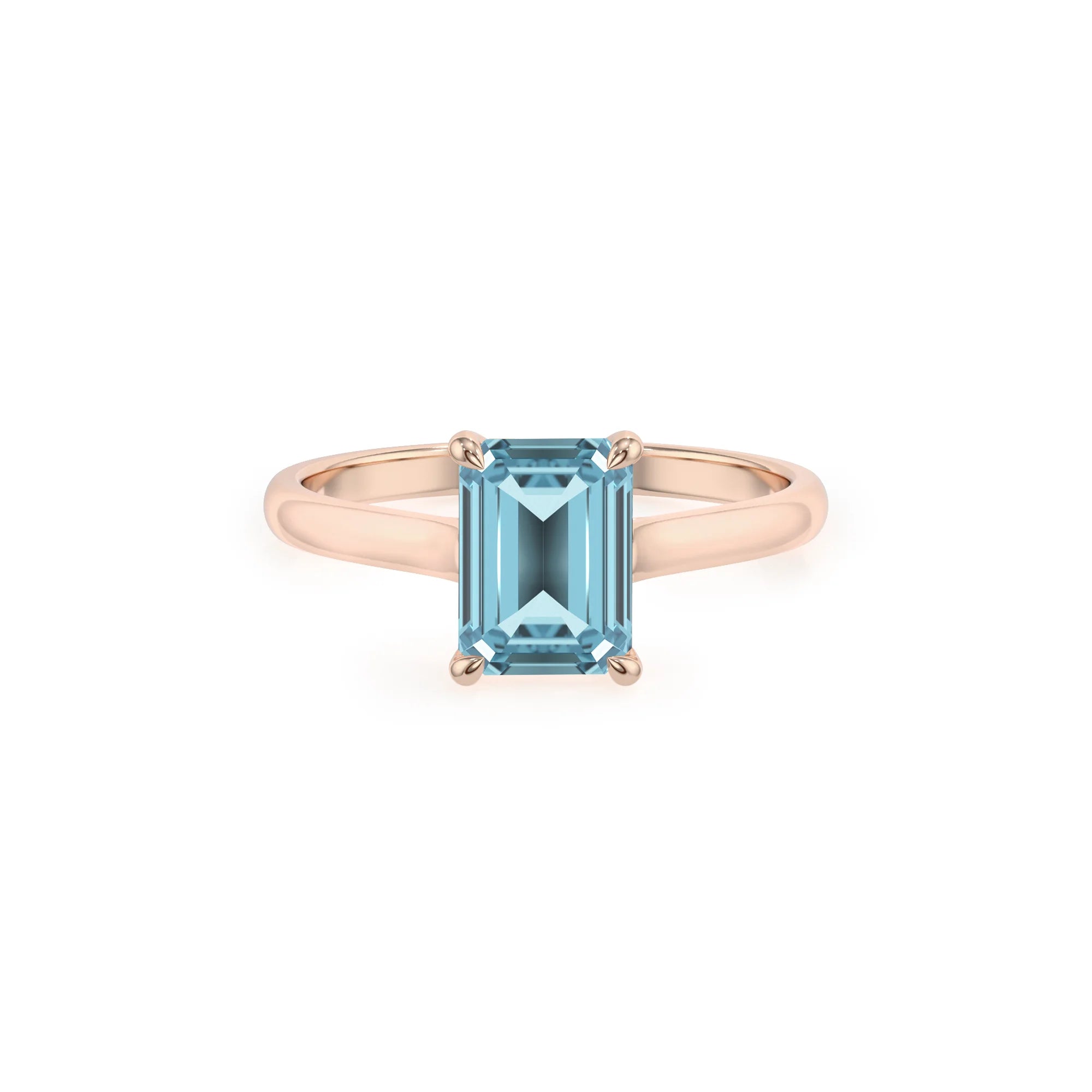 lab grown aquamarine emerald cut solitaire rings in rose gold