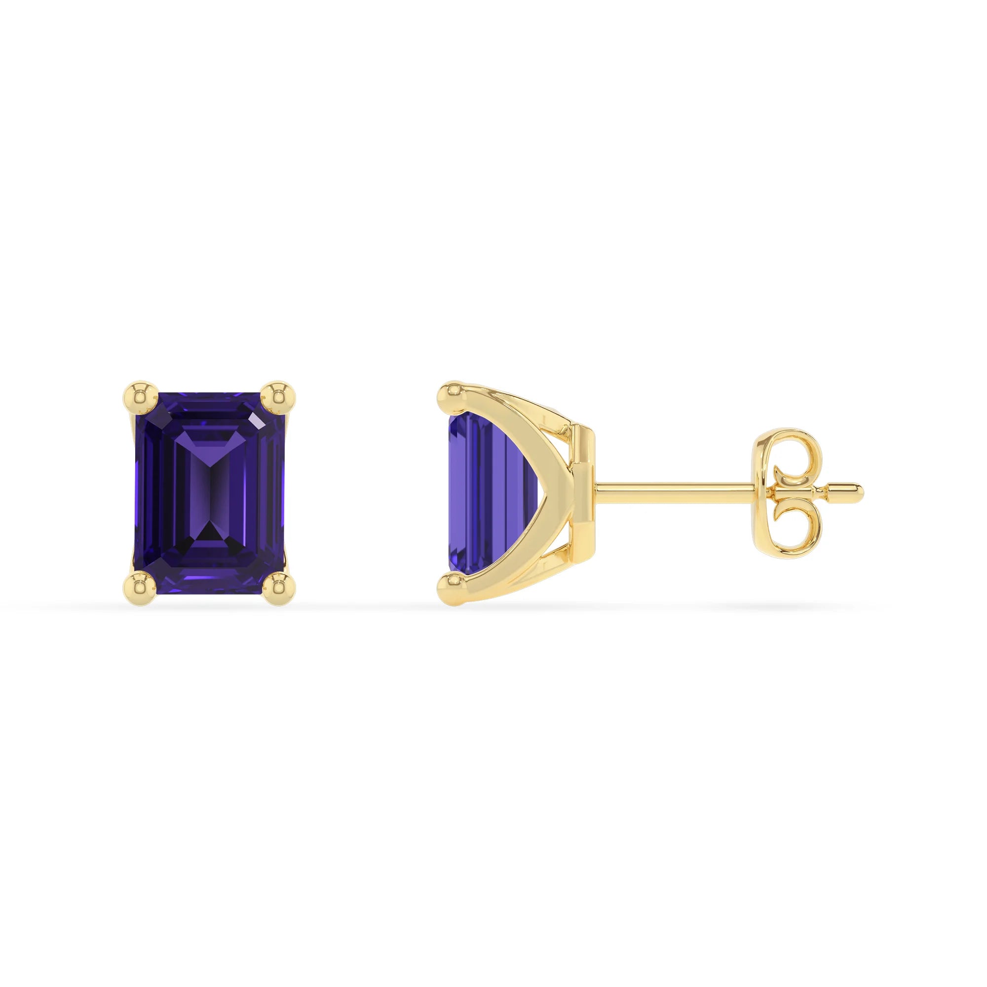 lab grown tanzanite emerald cut stud earrings in yellow gold