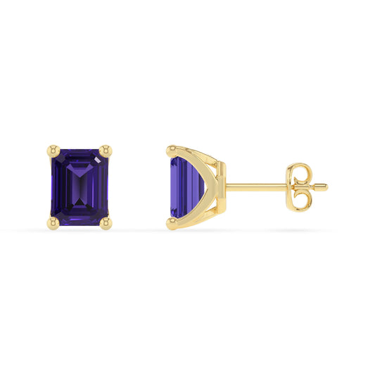 lab grown tanzanite emerald cut stud earrings in yellow gold