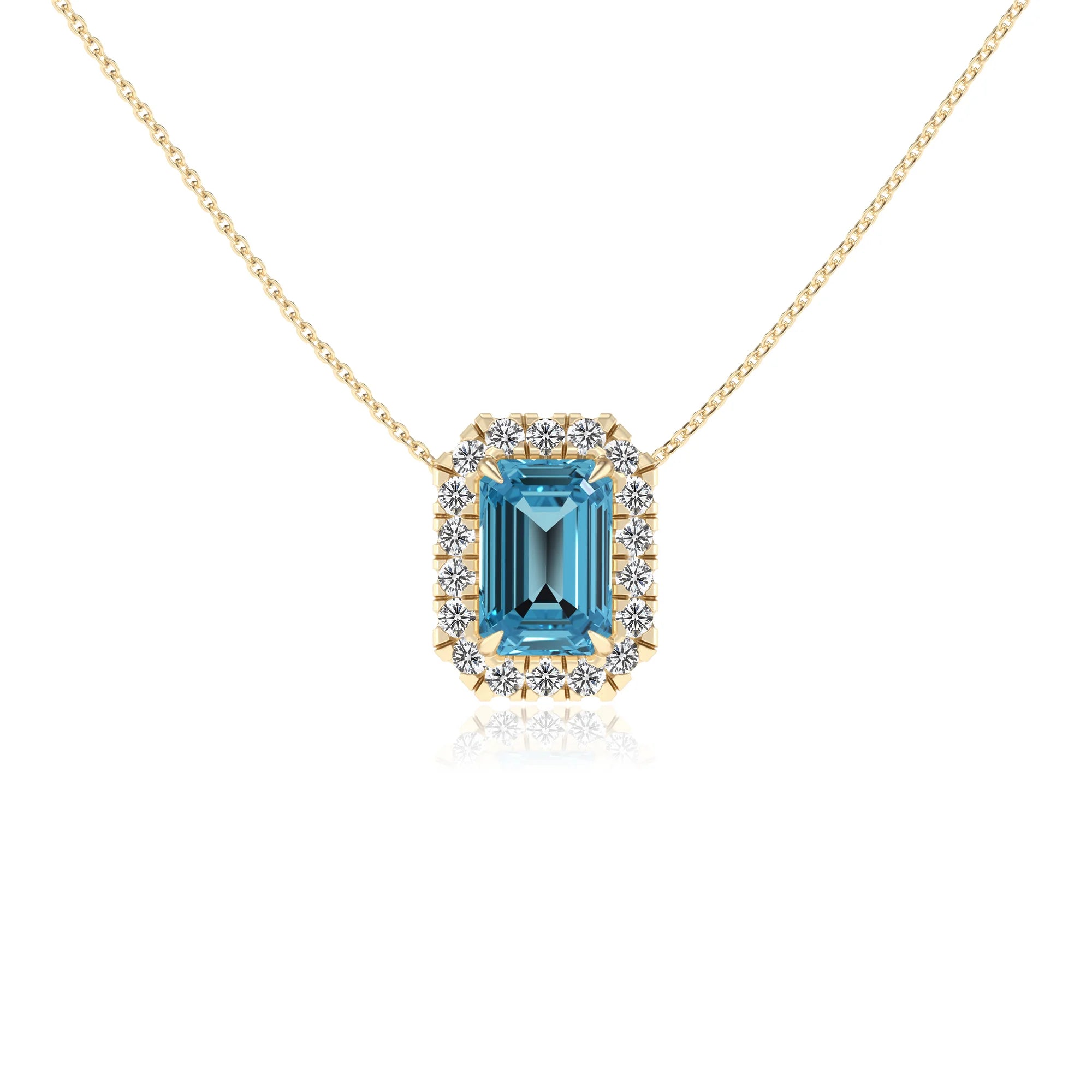 natural swiss blue topaz emerald cut solitaire necklaces in yellow gold