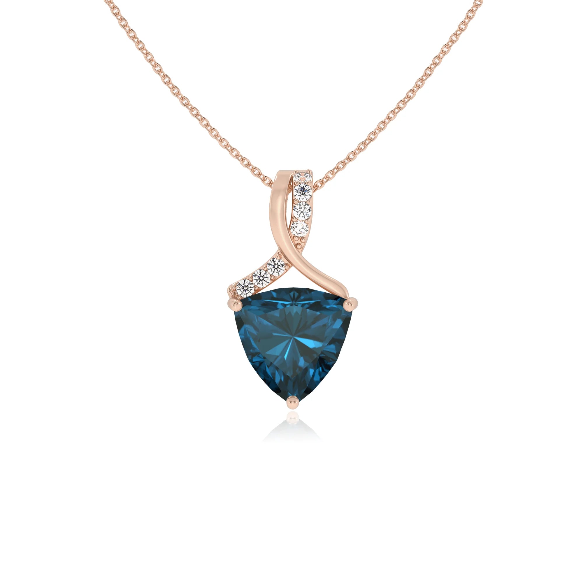 natural london-blue-topaz trillion solitaire necklaces in rose gold