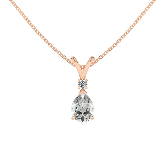 lab grown moissanite pear solitaire v-bale necklaces in rose gold