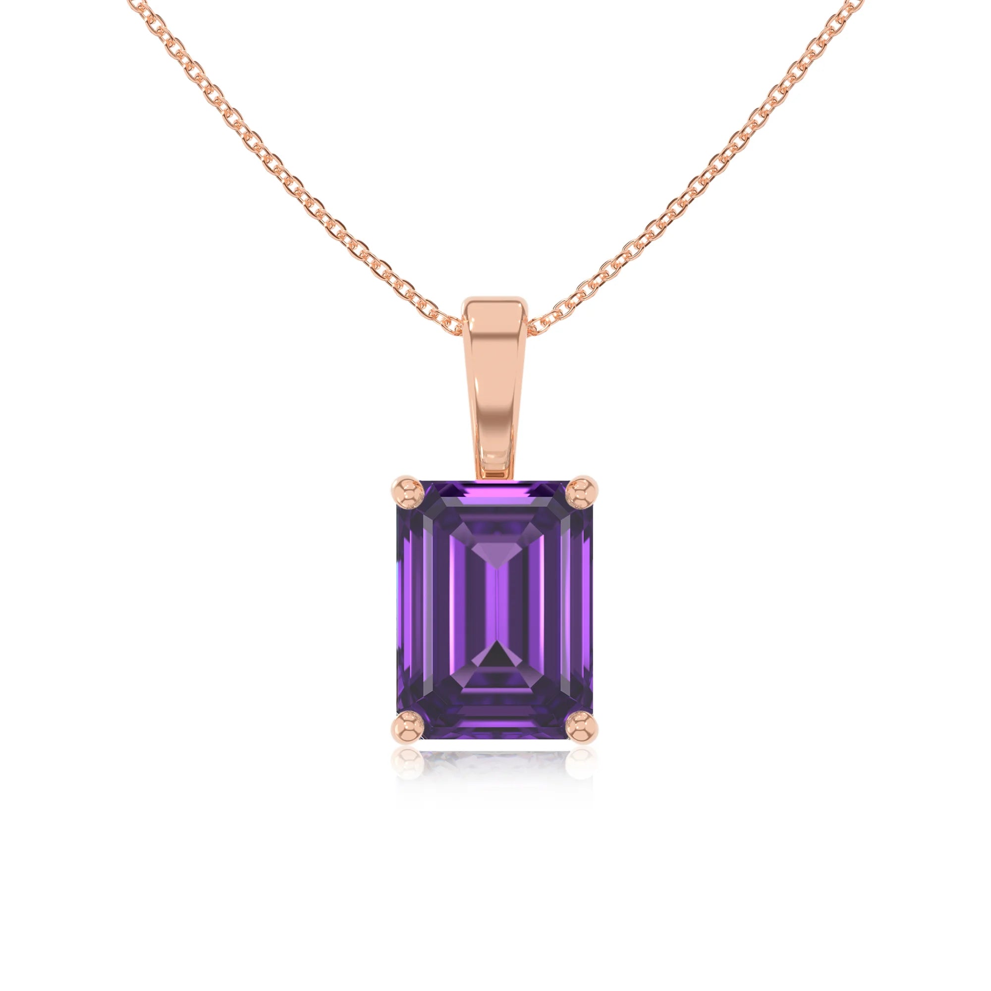lab grown amethyst emerald cut solitaire necklaces in rose gold