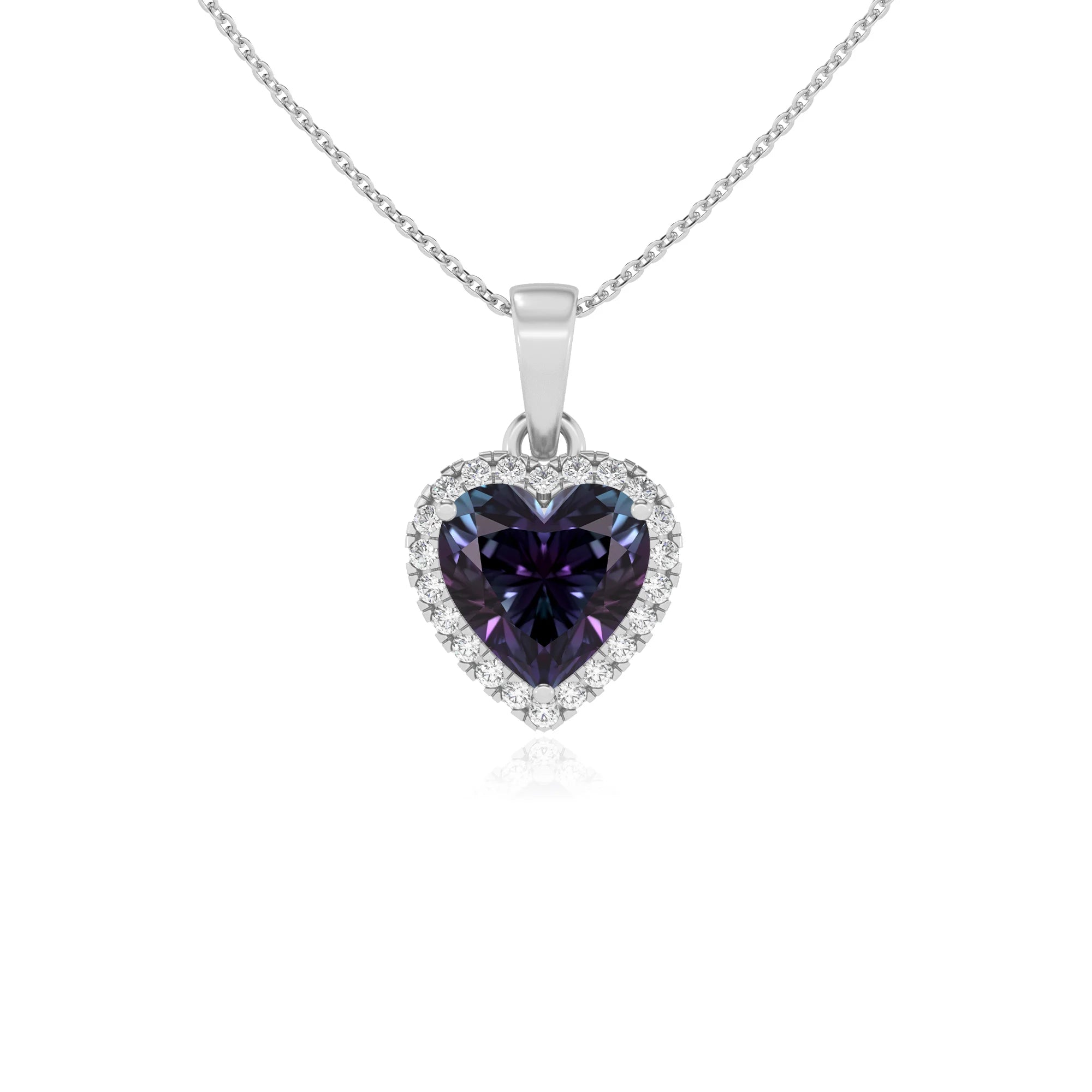 lab grown alexandrite heart solitaire necklaces in white gold
