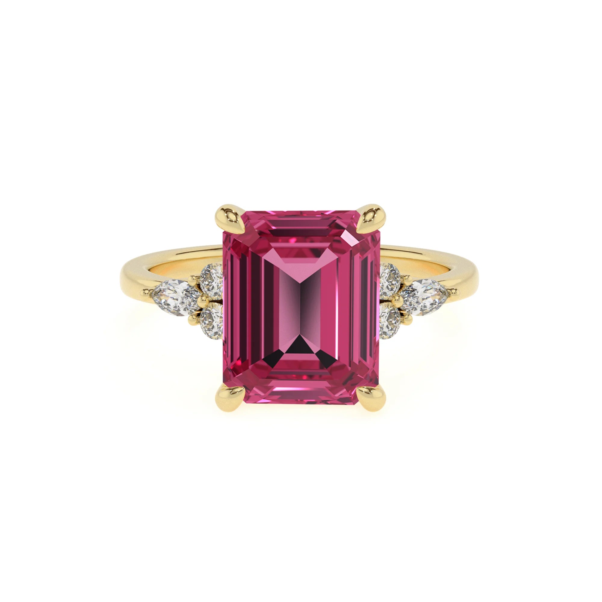 lab grown pink-tourmaline emerald cut solitaire rings in yellow gold