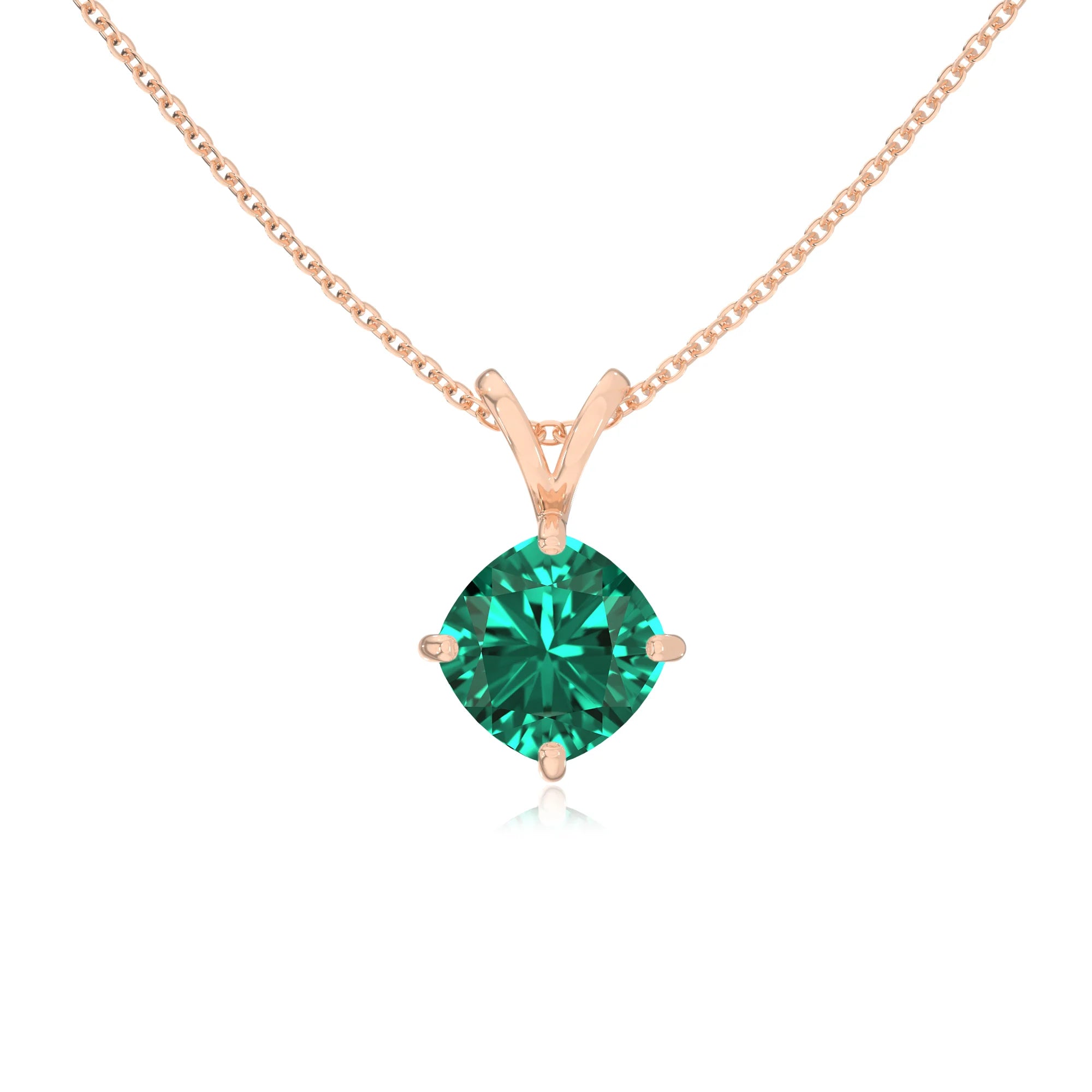 lab grown emerald cushion solitaire v-bale necklaces in rose gold