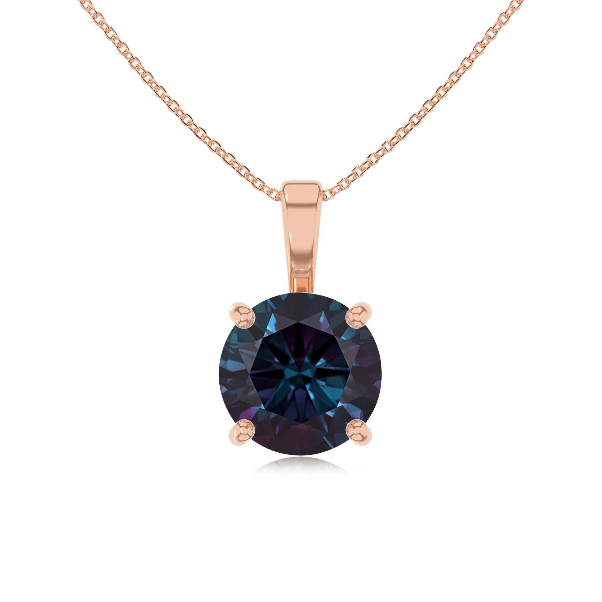 lab grown alexandrite round solitaire necklaces in rose gold