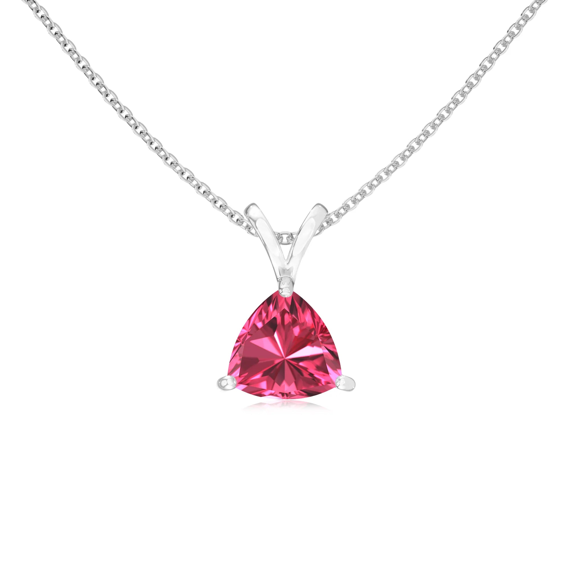 lab grown pink-tourmaline trillion solitaire v-bale necklaces in white gold