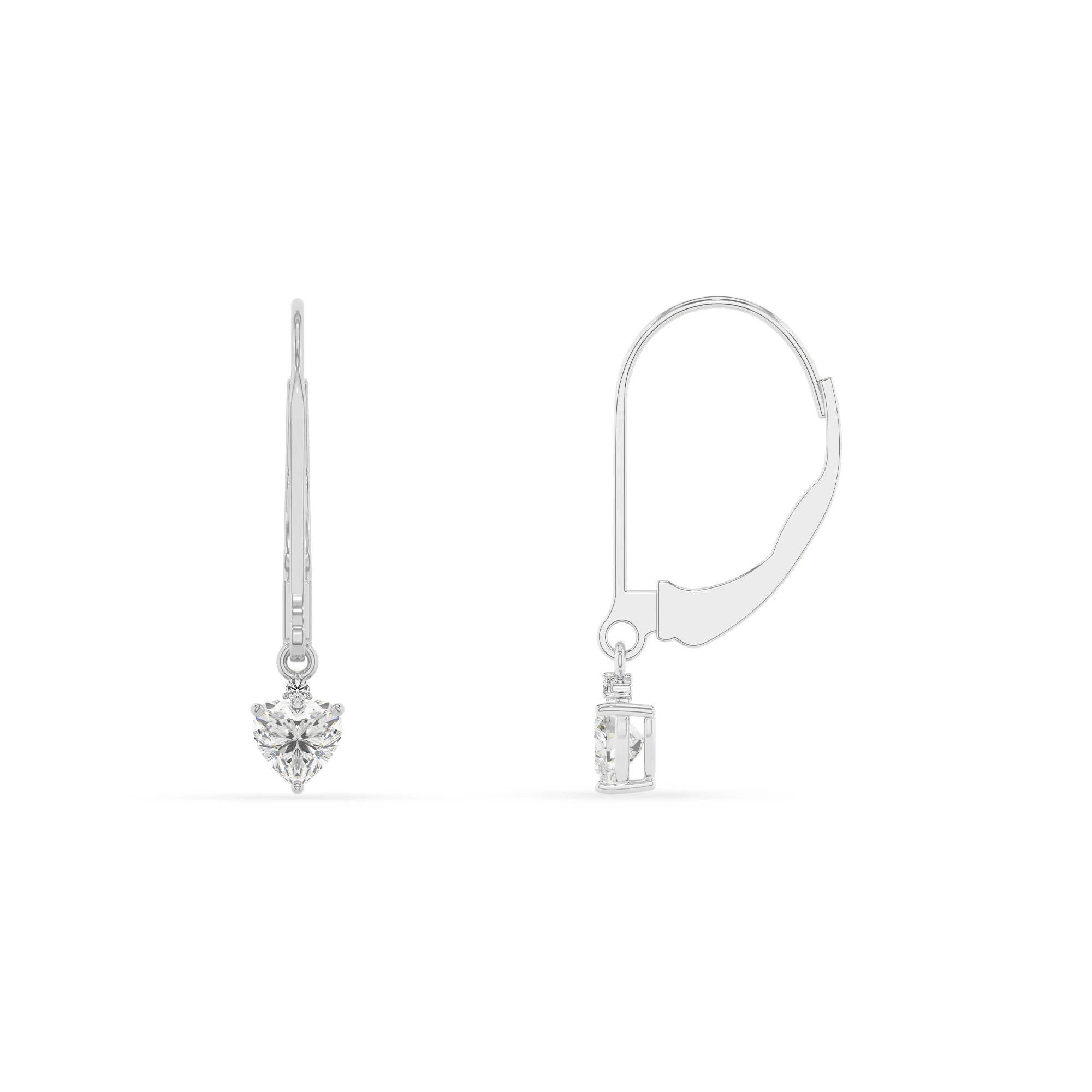 lab grown moissanite heart drop earrings in white gold