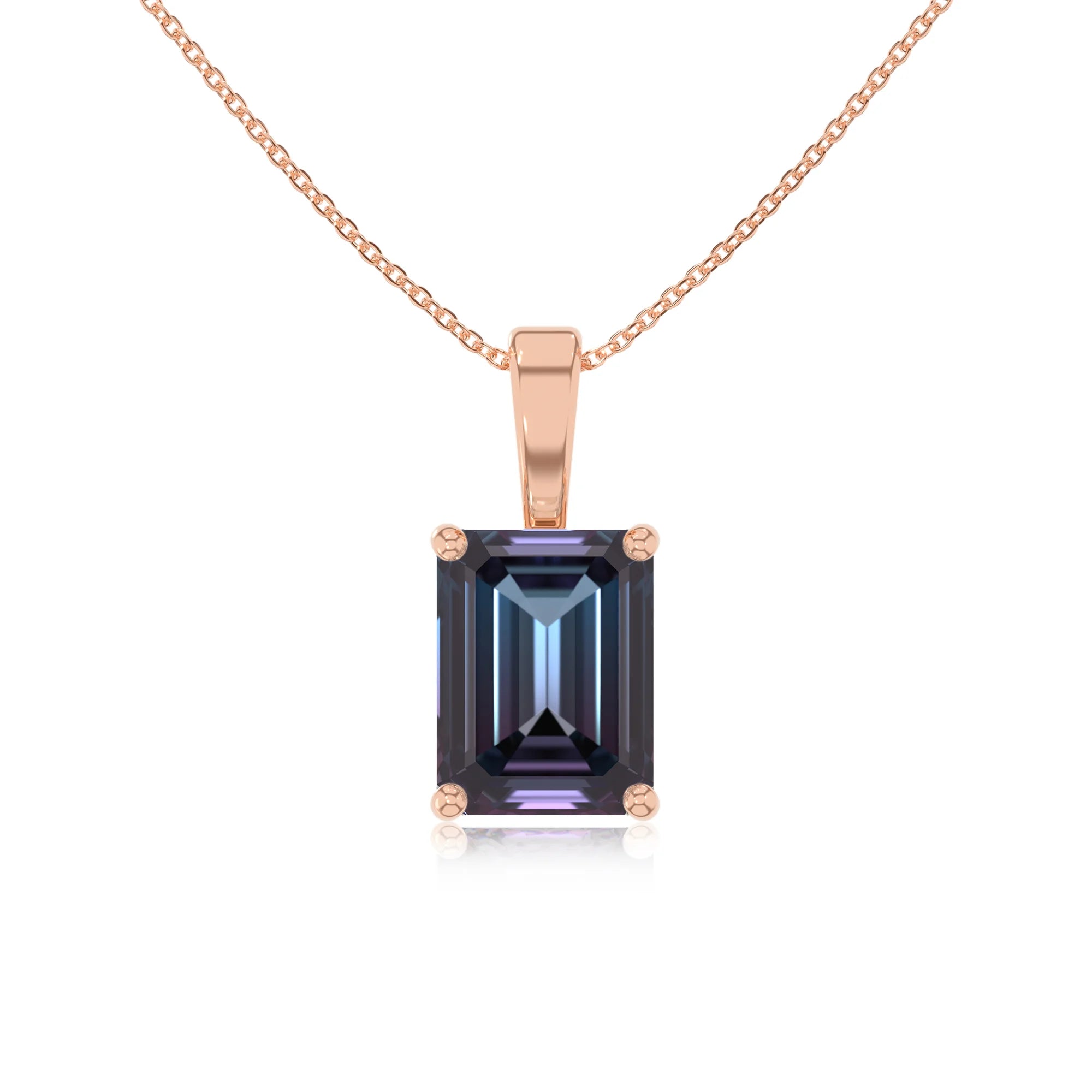 lab grown alexandrite emerald cut solitaire necklaces in rose gold