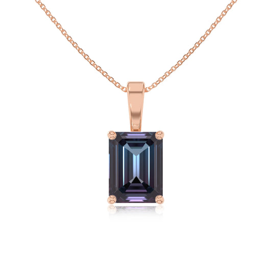 lab grown alexandrite emerald cut solitaire necklaces in rose gold