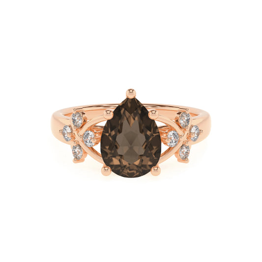 natural smoky-quartz pear solitaire rings in rose gold