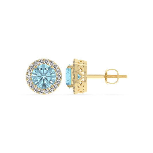 lab grown aquamarine round stud earrings in yellow gold