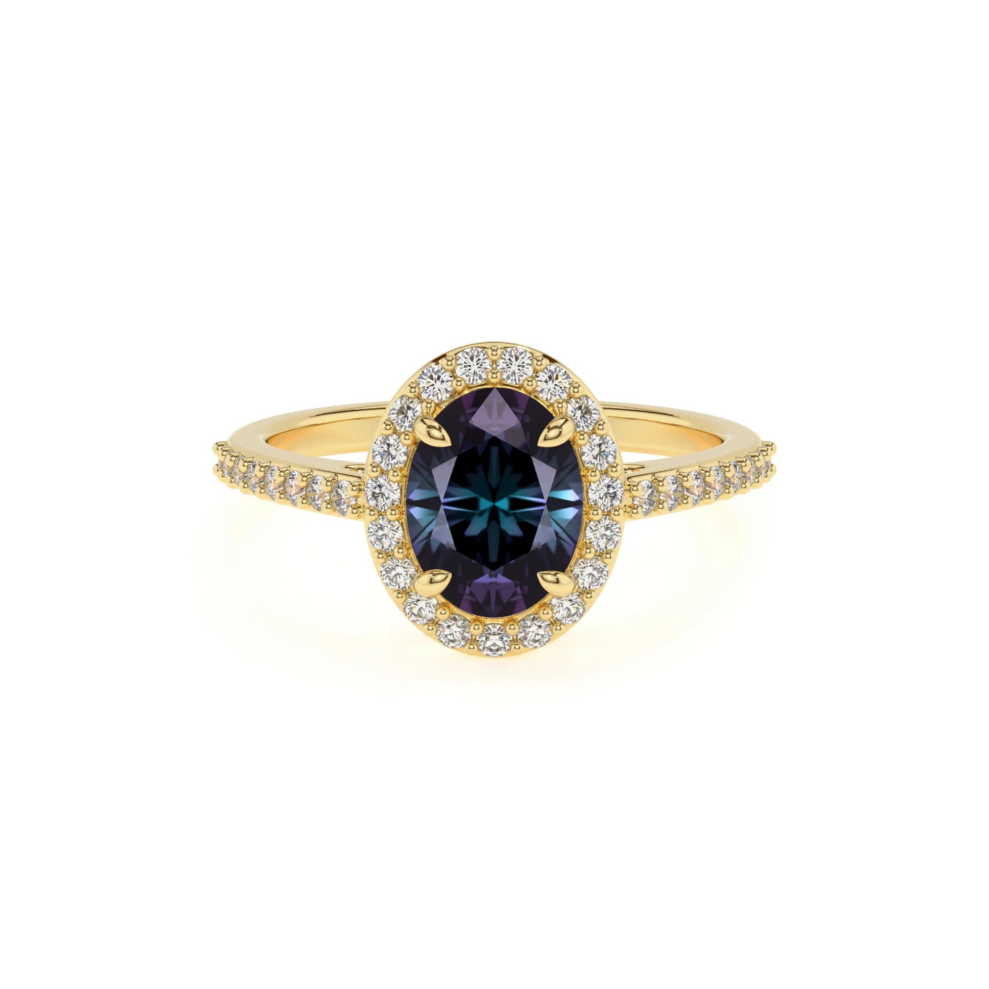 lab grown alexandrite oval solitaire rings in yellow gold