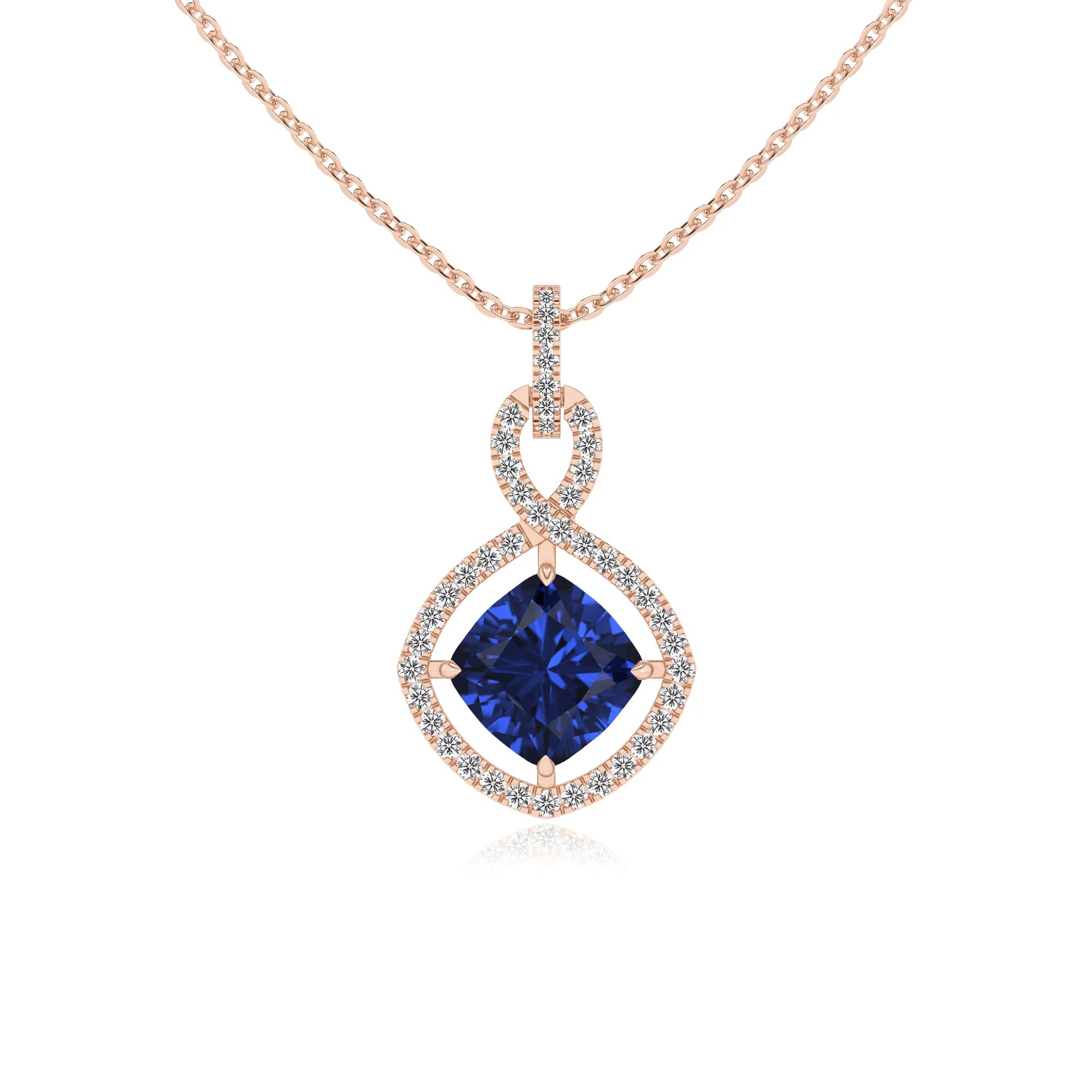 lab grown blue-sapphire cushion infinity necklaces in rose gold