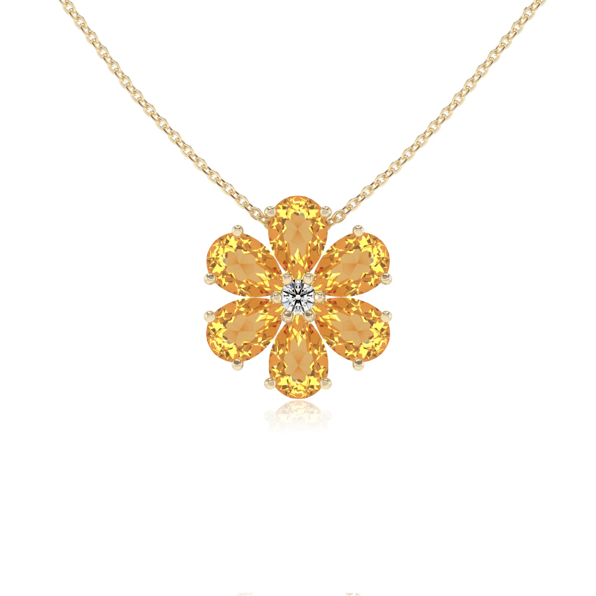 lab grown citrine pear solitaire necklaces in yellow gold