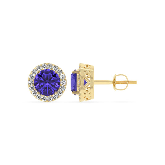 lab grown tanzanite round stud earrings in yellow gold