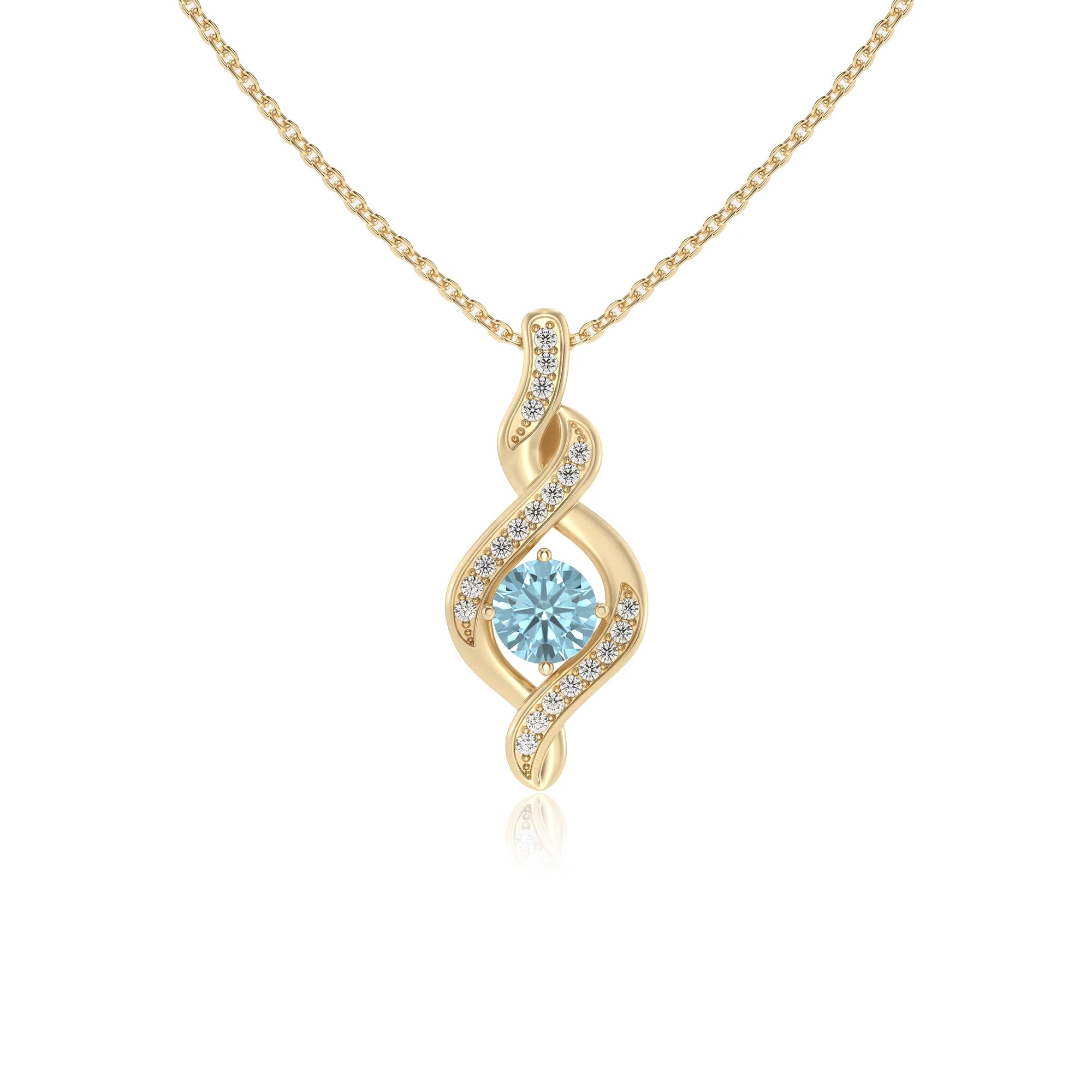 lab grown aquamarine round solitaire necklaces in yellow gold