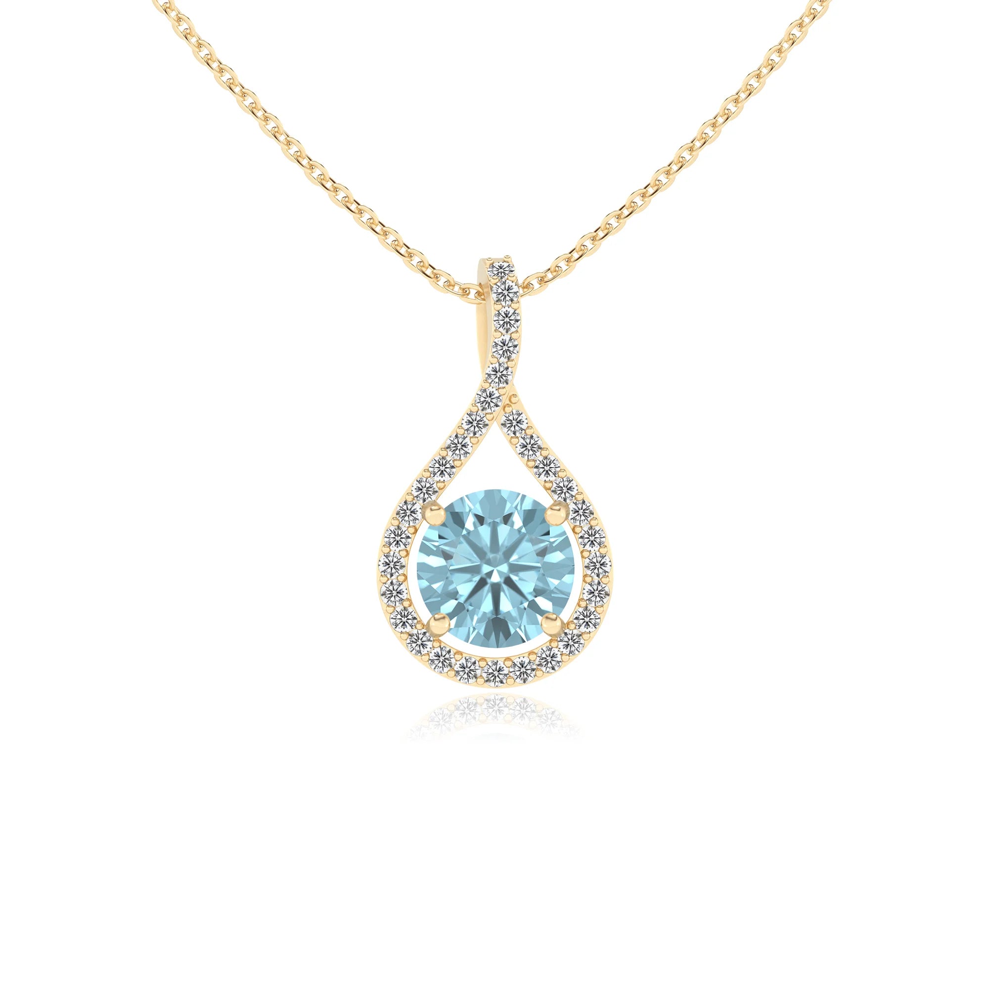 lab grown aquamarine round solitaire necklaces in yellow gold