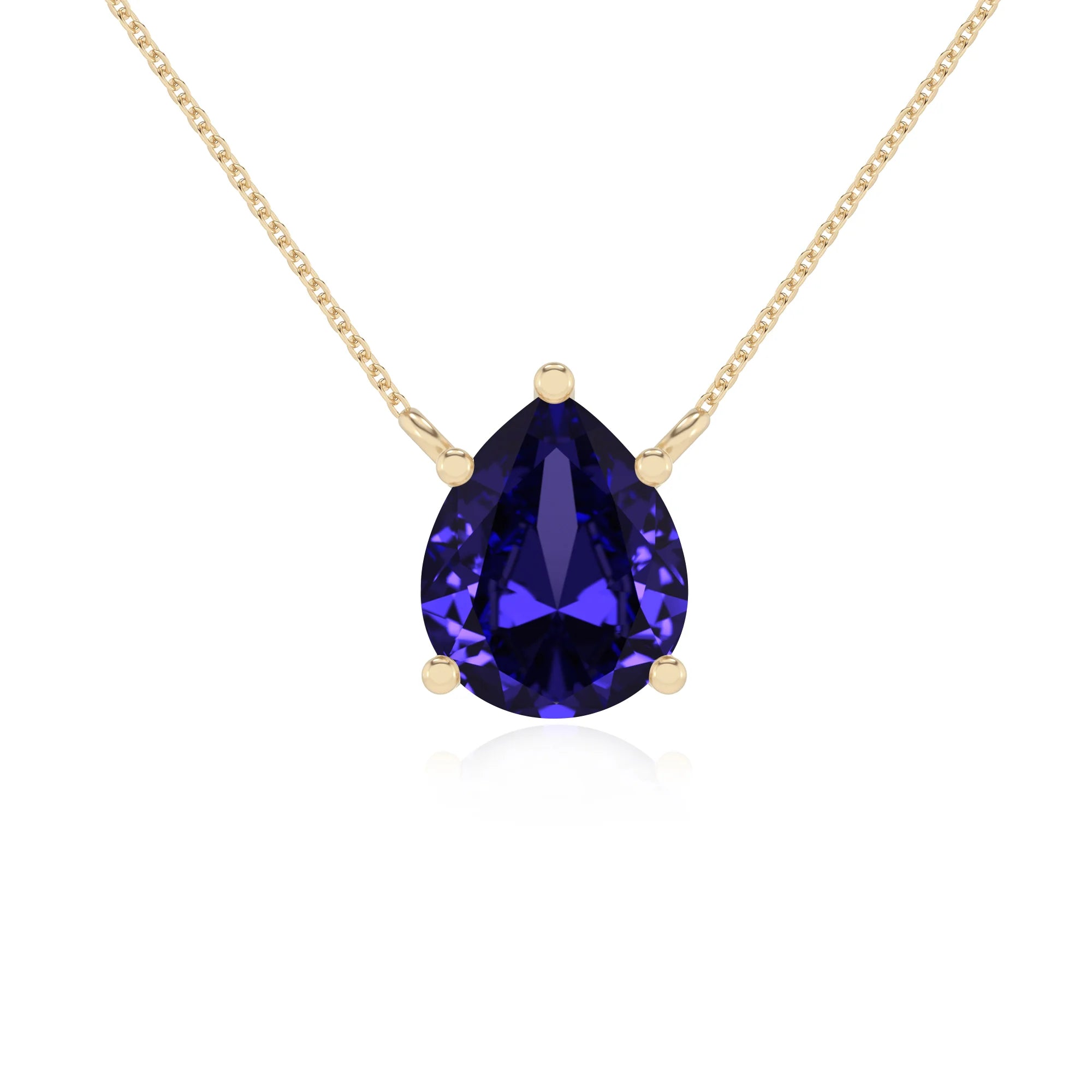 lab grown tanzanite pear solitaire necklaces in yellow gold