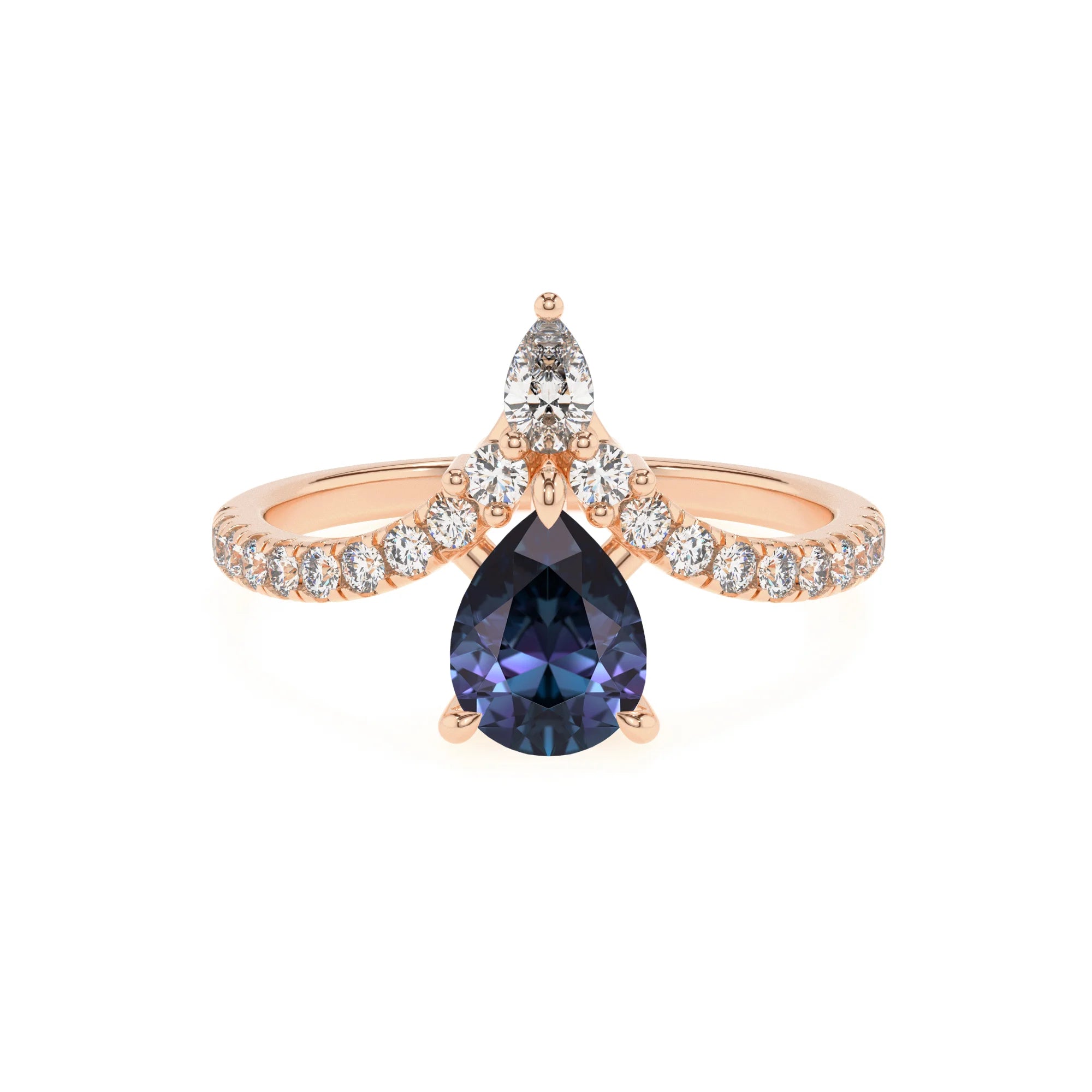 lab grown alexandrite pear solitaire rings in rose gold