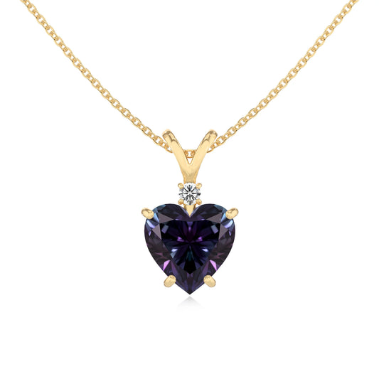 lab grown alexandrite heart solitaire v-bale necklaces in yellow gold