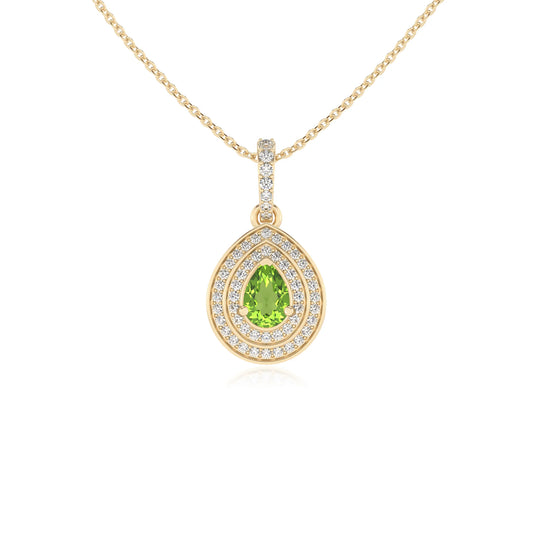 natural peridot pear halo necklaces in yellow gold