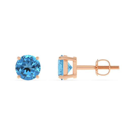 natural swiss blue topaz round stud earrings in rose gold