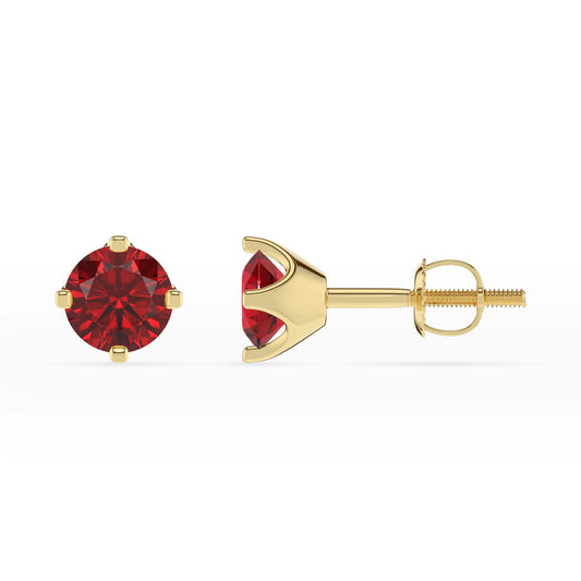 lab grown ruby round stud earrings in yellow gold