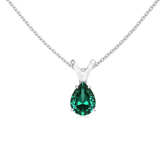 lab grown emerald pear solitaire v-bale necklaces in sterling silver