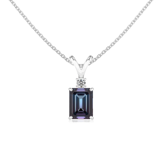 lab grown alexandrite emerald cut solitaire v-bale necklaces in platinum