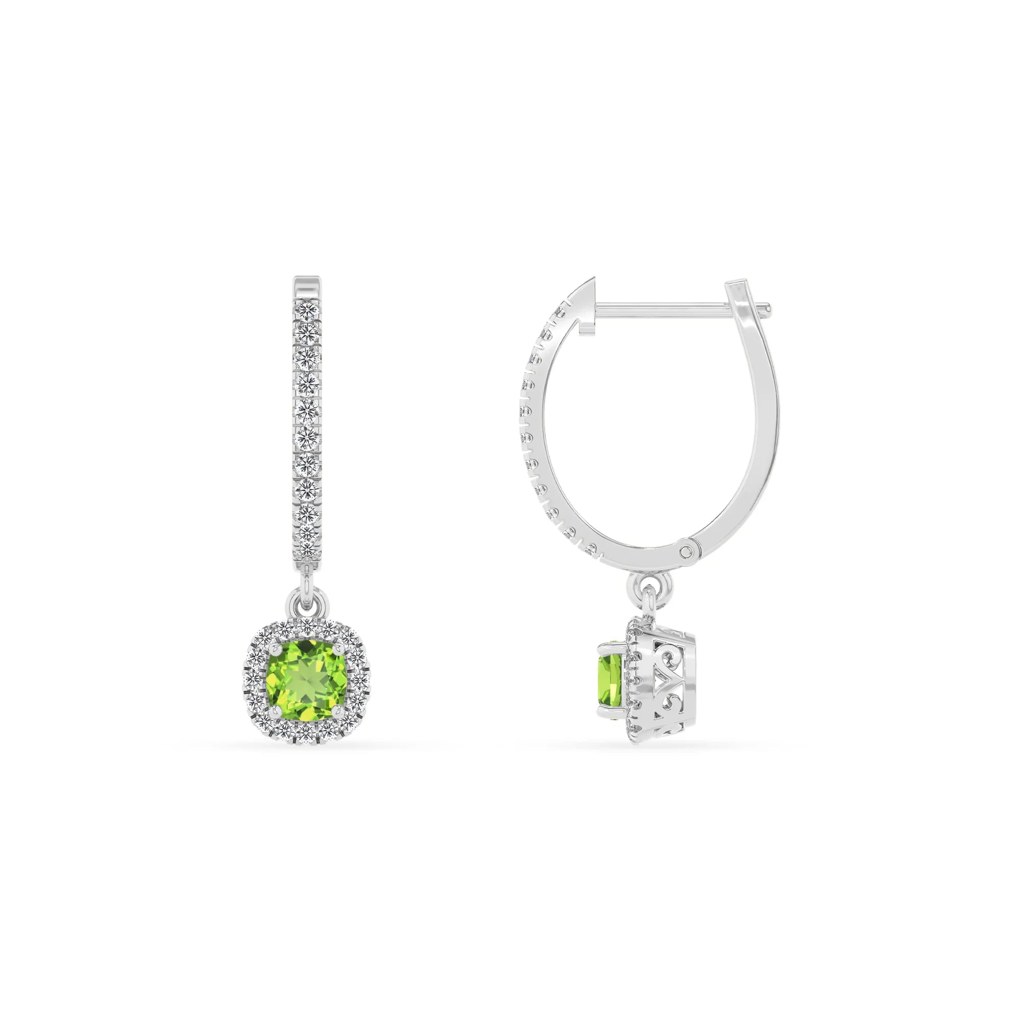 natural peridot cushion drop earrings in platinum