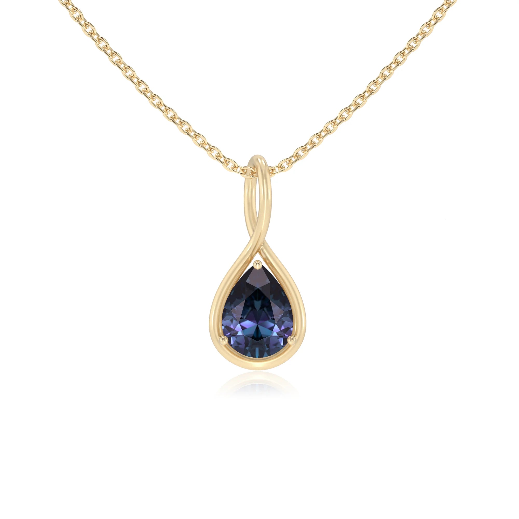 lab grown alexandrite pear solitaire necklaces in yellow gold