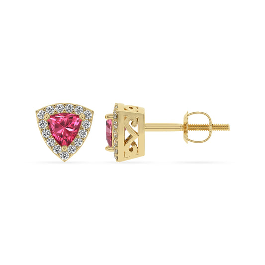 lab grown pink tourmaline trillion stud earrings in yellow gold