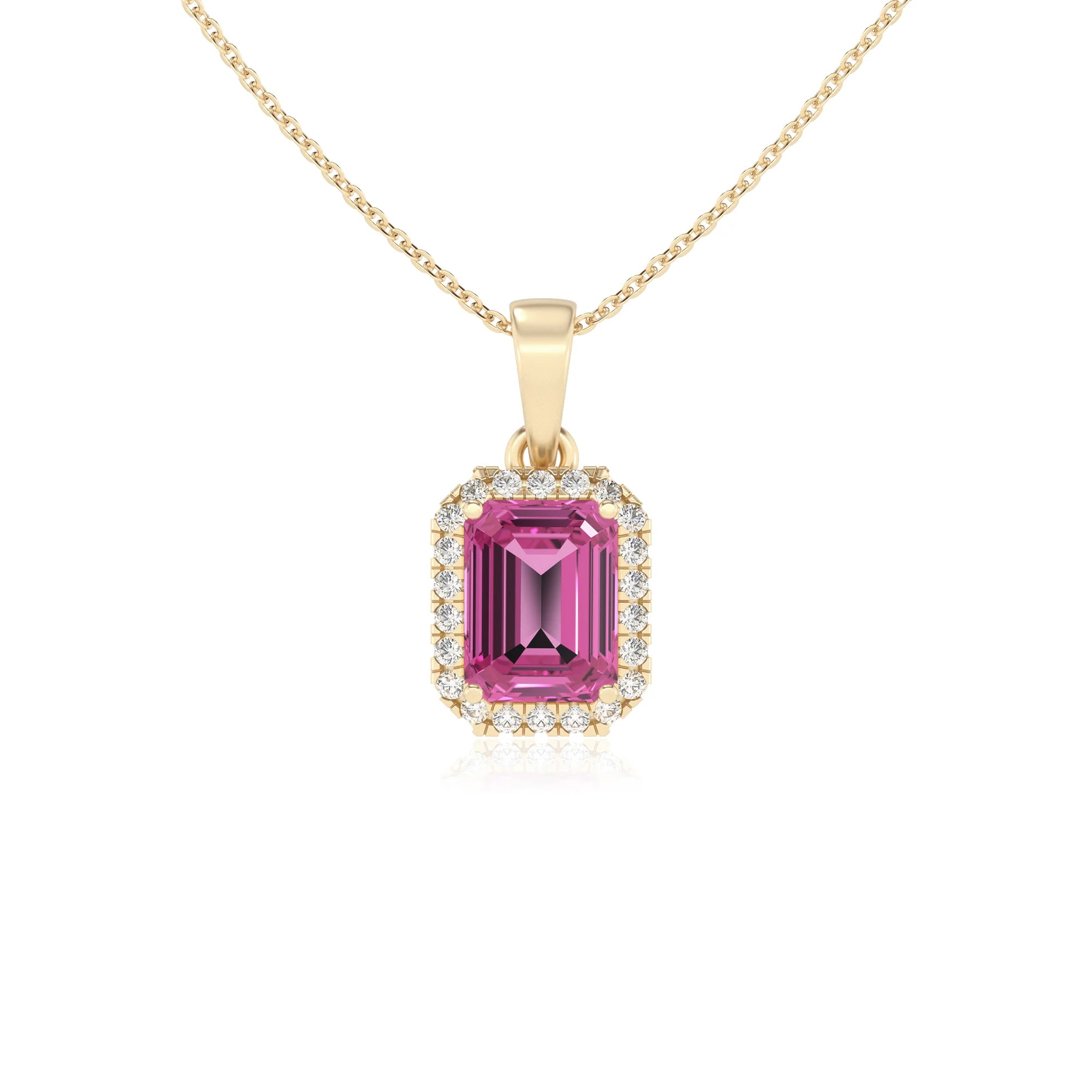 lab grown pink-sapphire emerald cut solitaire necklaces in yellow gold