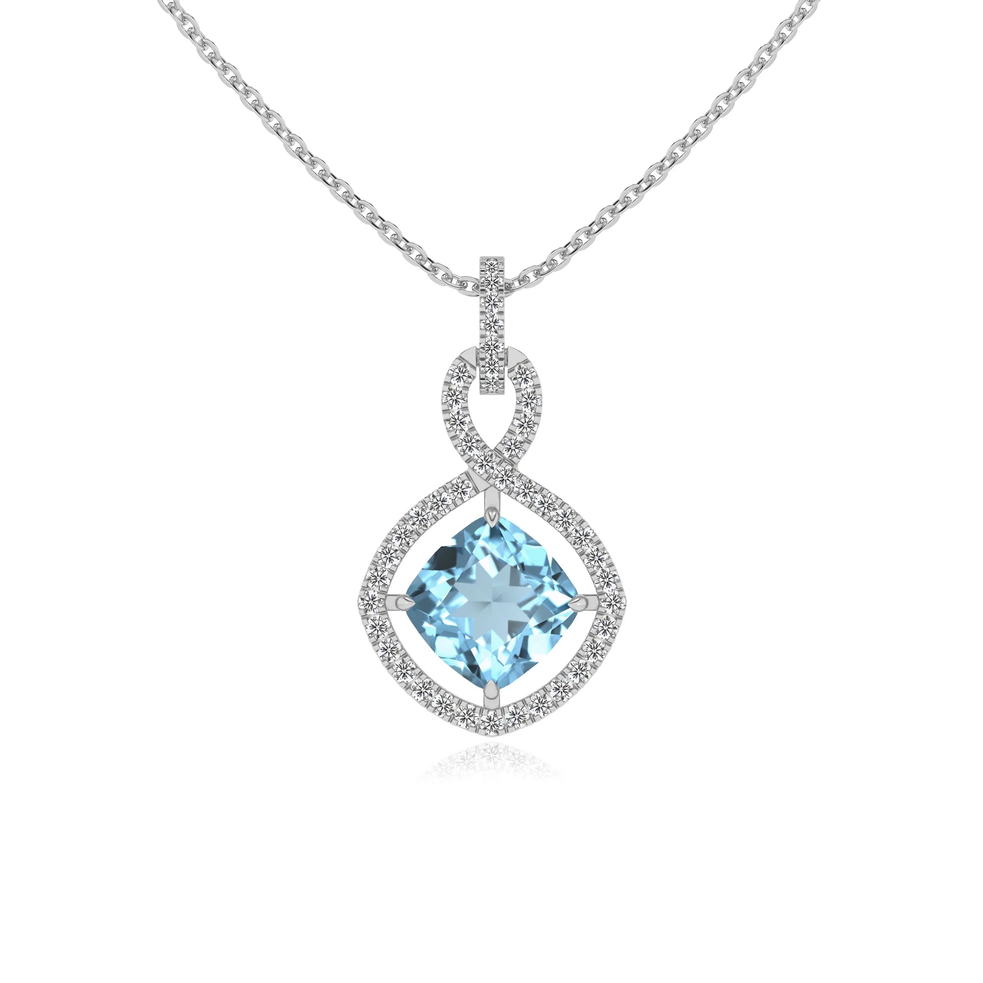 lab grown aquamarine cushion infinity necklaces in white gold