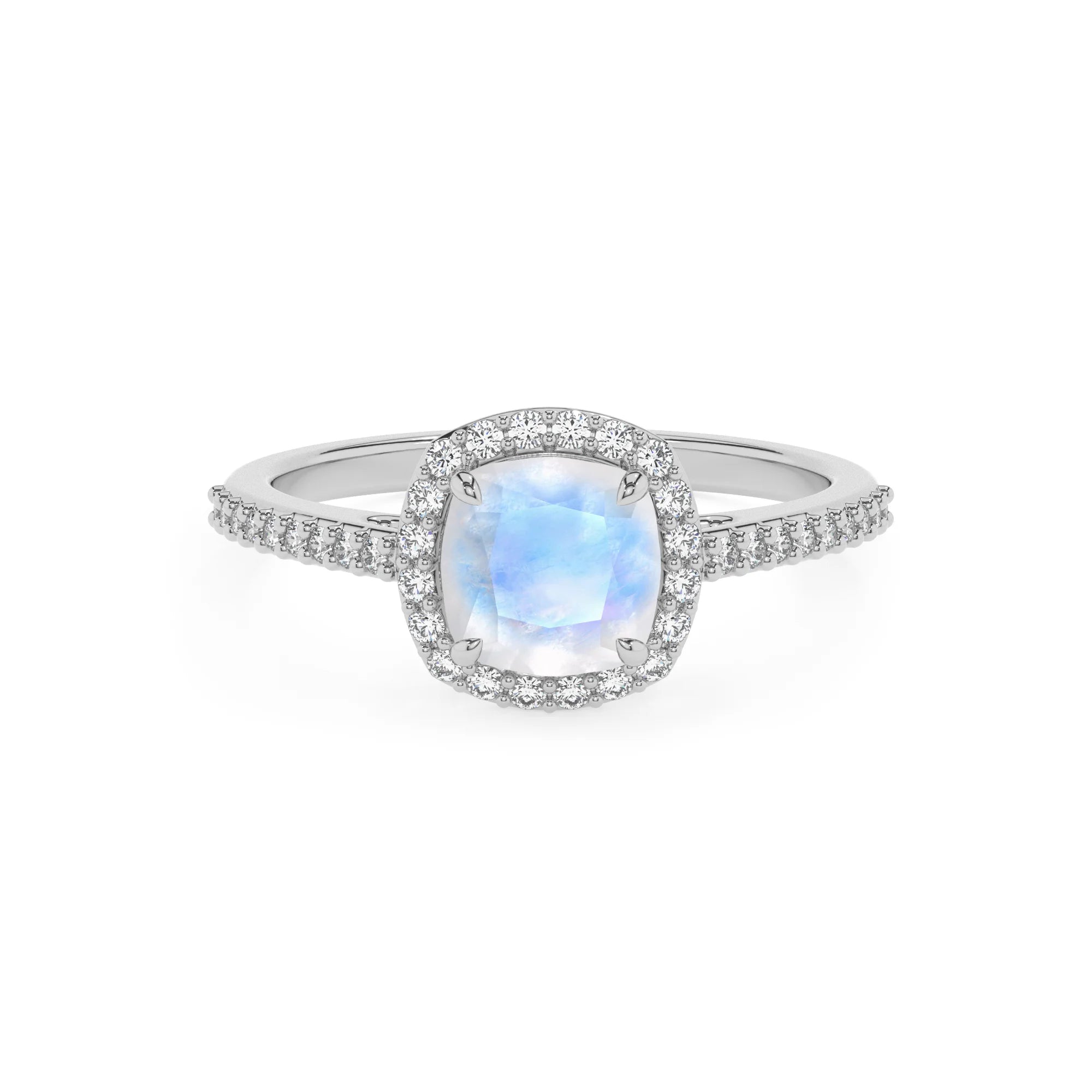 natural rainbow-moonstone cushion solitaire rings in platinum