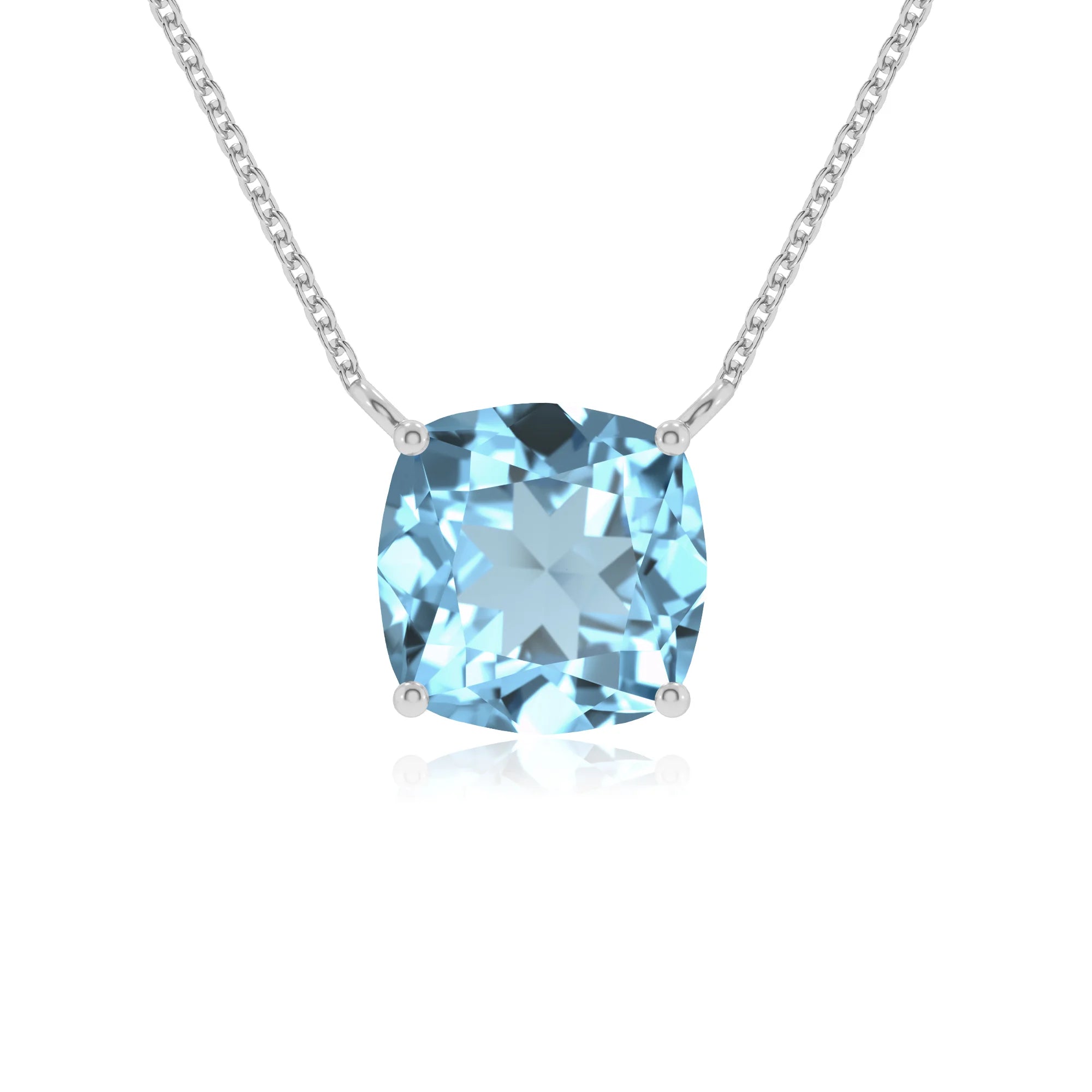 lab grown aquamarine cushion solitaire necklaces in platinum