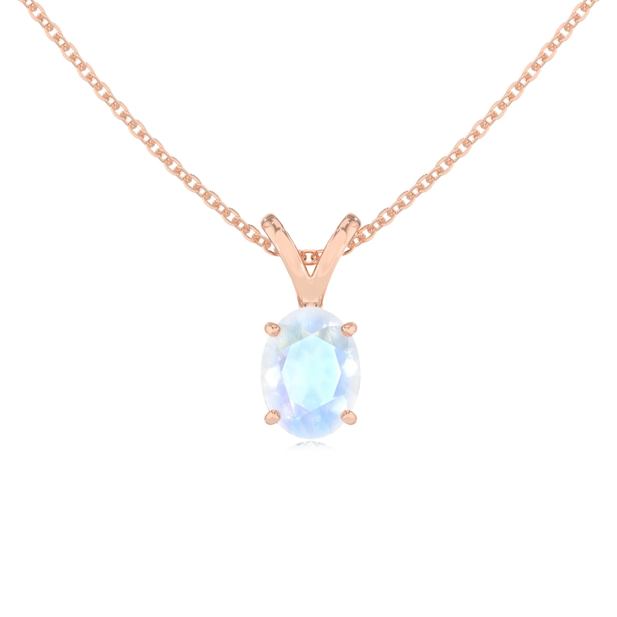 natural rainbow-moonstone oval solitaire v-bale necklaces in rose gold