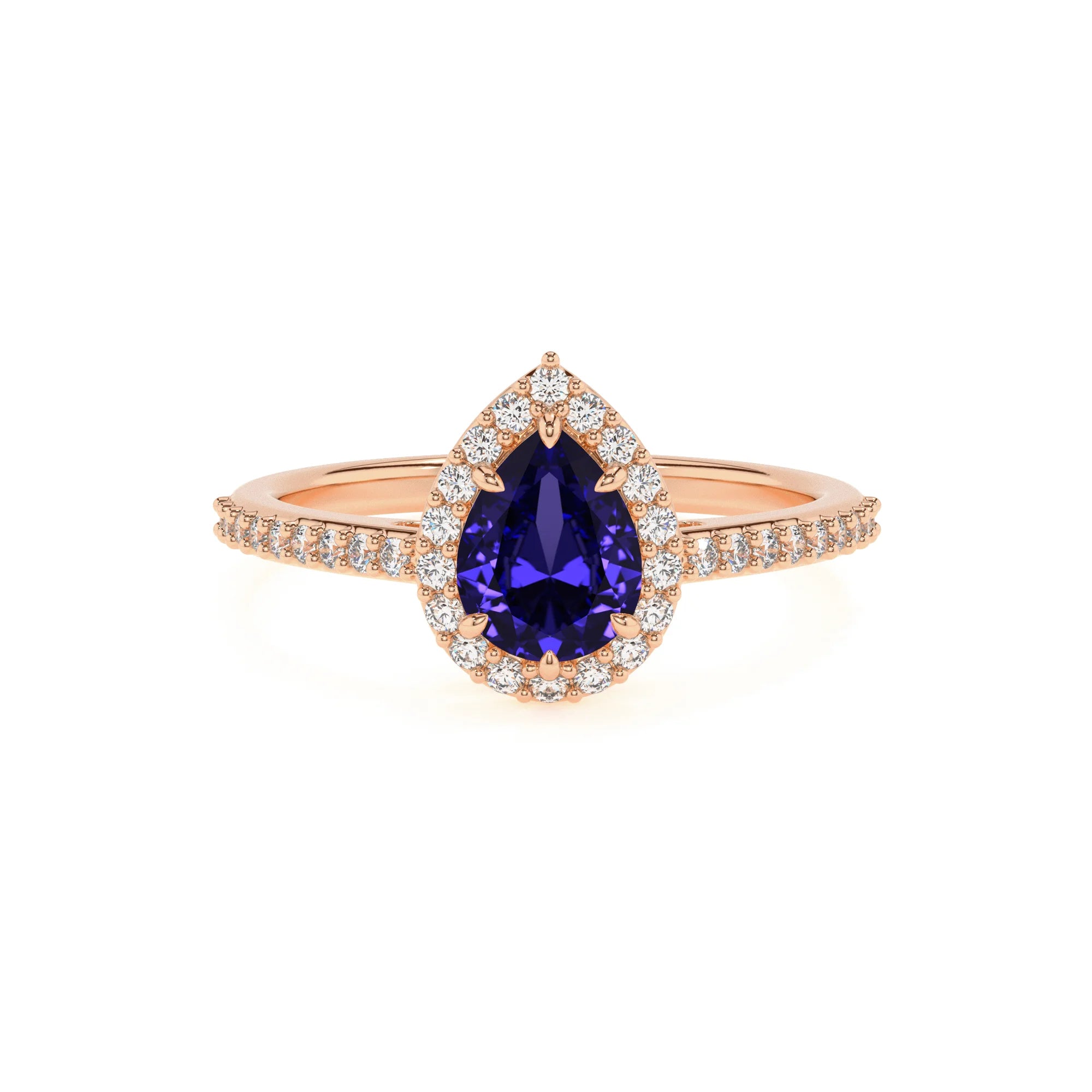lab grown tanzanite pear solitaire rings in rose gold