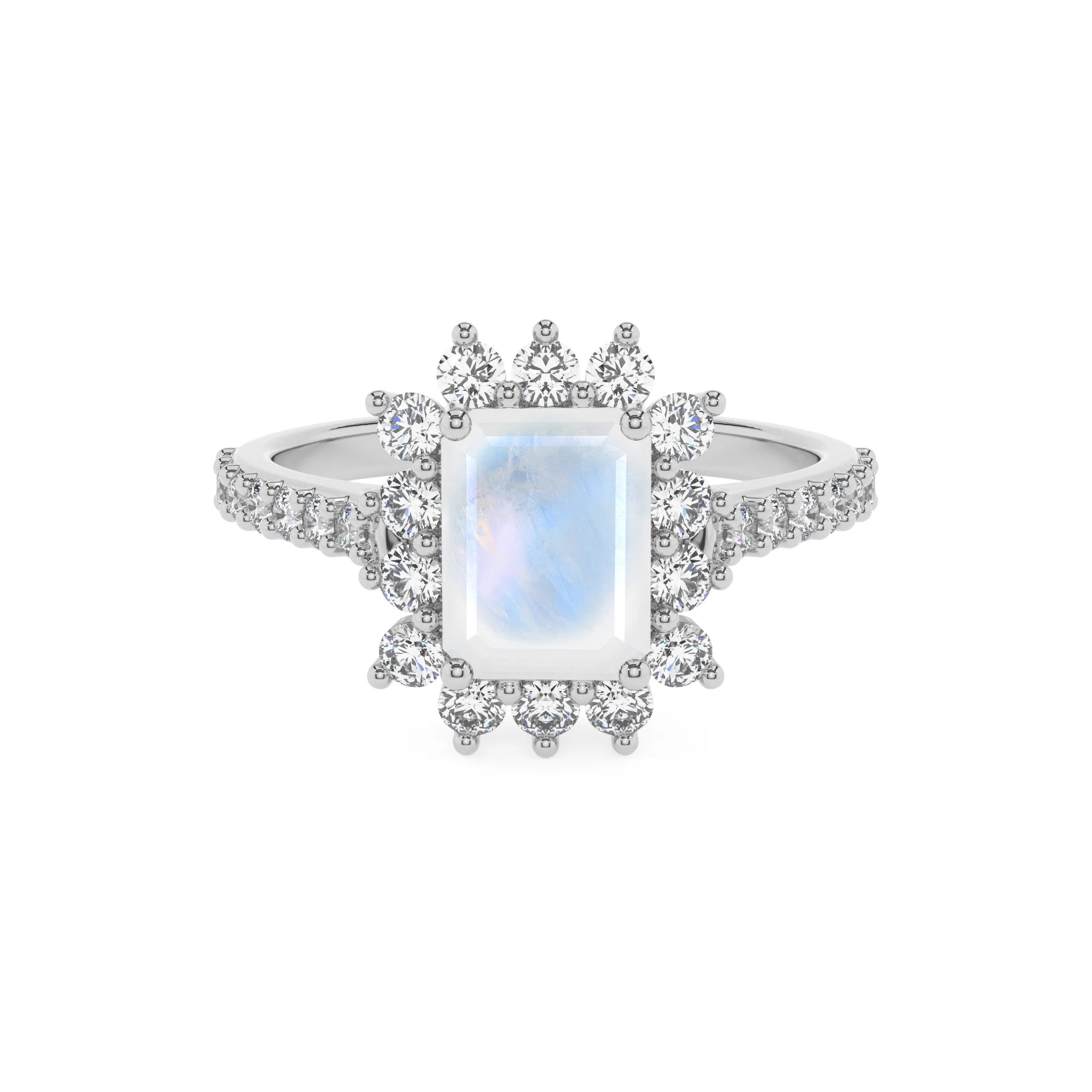 natural rainbow-moonstone emerald cut solitaire rings in white gold