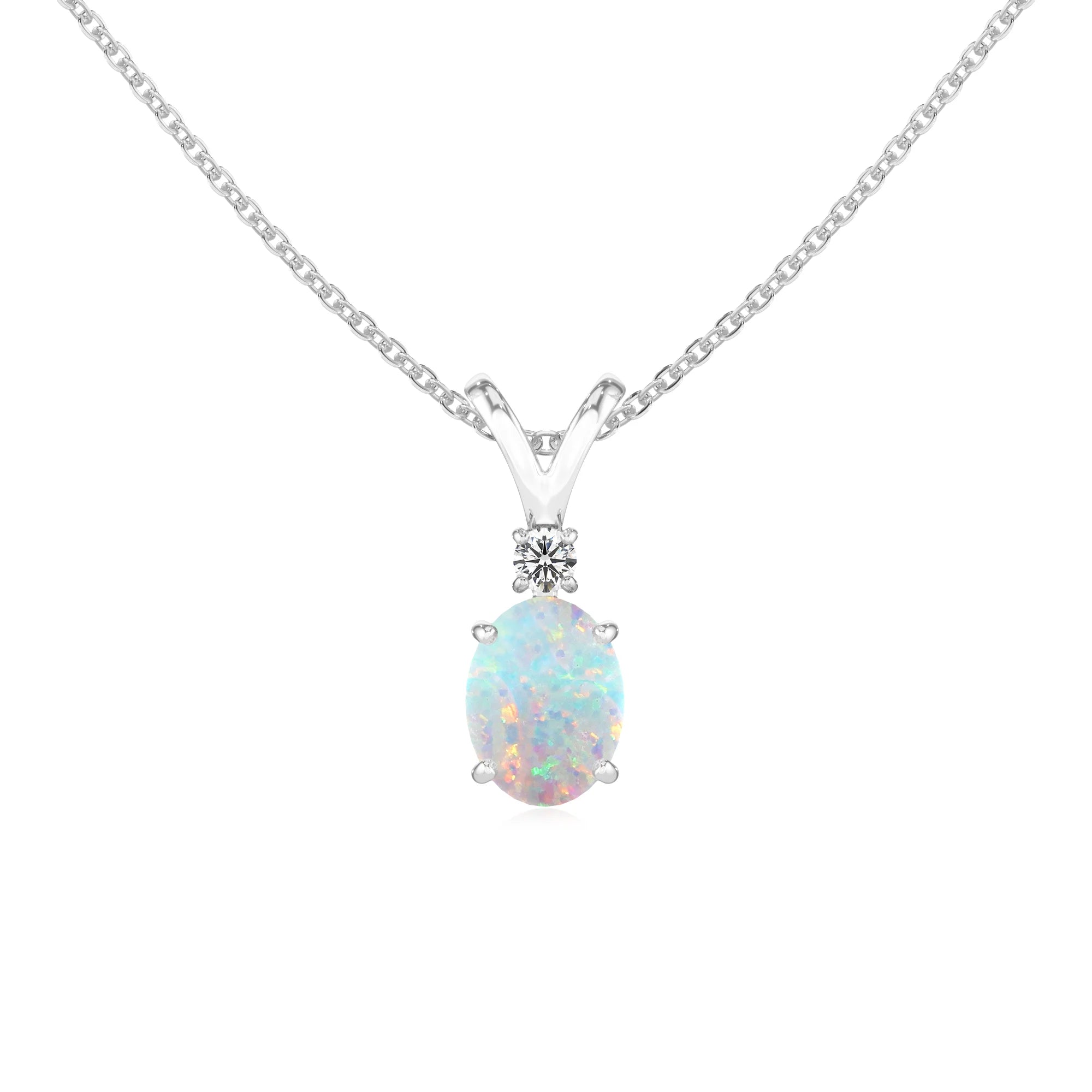 lab grown opal oval solitaire v-bale necklaces in sterling silver