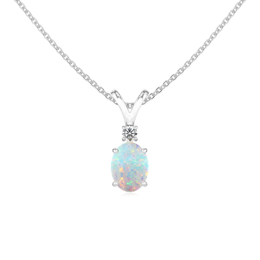 lab grown opal oval solitaire v-bale necklaces in sterling silver