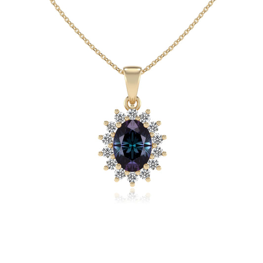 lab grown alexandrite oval halo necklaces in yellow gold