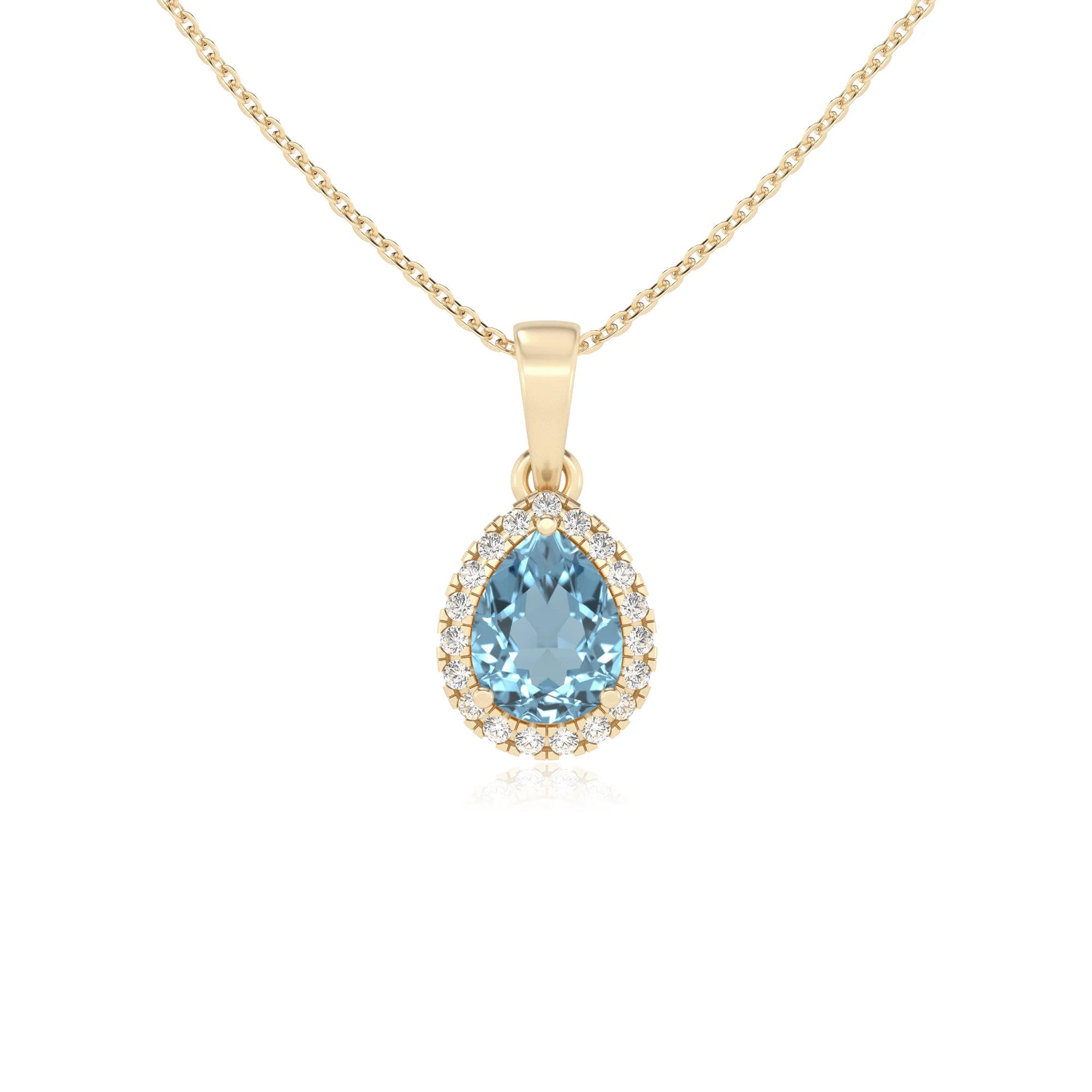 lab grown aquamarine pear solitaire necklaces in yellow gold