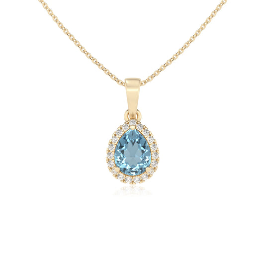 lab grown aquamarine pear solitaire necklaces in yellow gold
